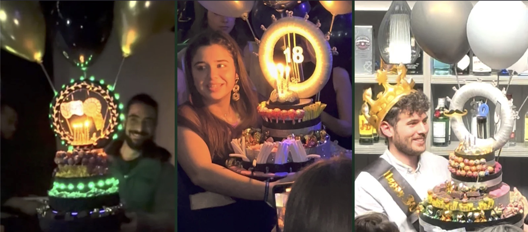 Tres tartas luminosas de chuches y chocolates encendidas en fiestas de Bravatta